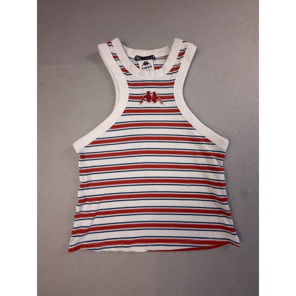 ZARA x Kappa Ribbed Knit Striped Racerback Tank Logo White Red Blue Women's L
